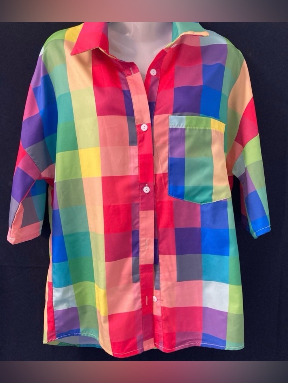 CHICME M Multicolor Checkered Button Up Blouse Open Back Gold Chain Y2K